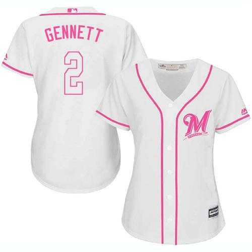 Women's Milwaukee Brewers #2 Scooter Gennett White Pink Fashion Stitched MLB Jersey
