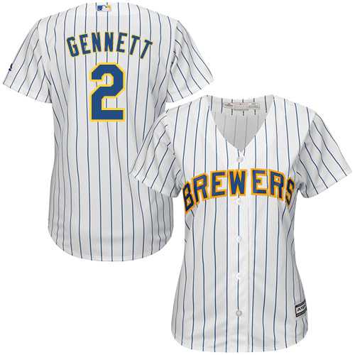 Women's Milwaukee Brewers #2 Scooter Gennett White Strip Home Stitched MLB Jersey