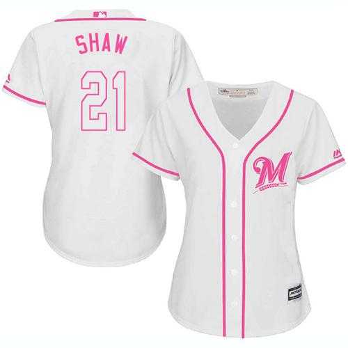 Women's Milwaukee Brewers #21 Travis Shaw White Pink Fashion Stitched MLB Jersey