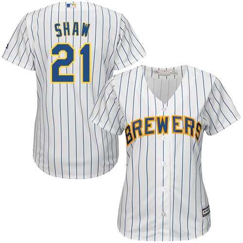 Women's Milwaukee Brewers #21 Travis Shaw White Strip Home Stitched MLB Jersey