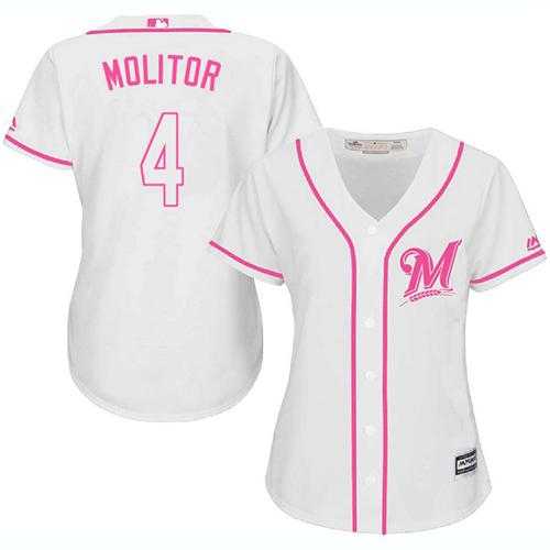 Women's Milwaukee Brewers #4 Paul Molitor White Pink Fashion Stitched MLB Jersey