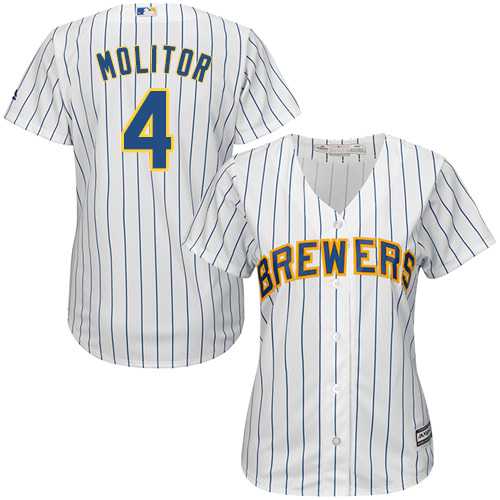 Women's Milwaukee Brewers #4 Paul Molitor White Strip Home Stitched MLB Jersey