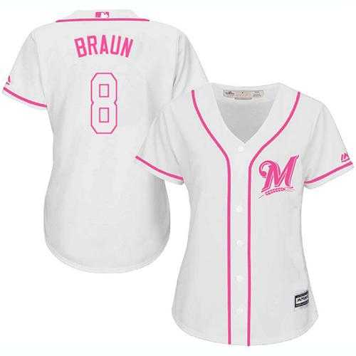 Women's Milwaukee Brewers #8 Ryan Braun White Pink Fashion Stitched MLB Jersey
