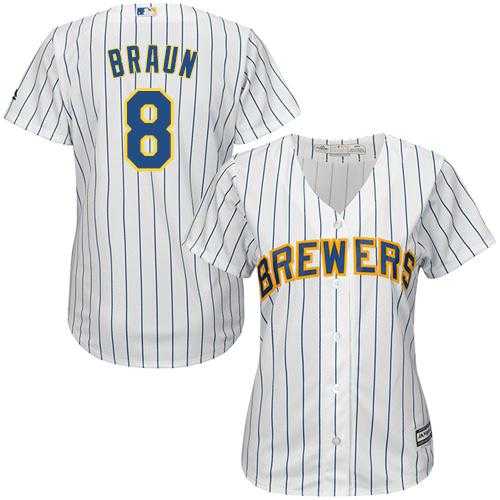 Women's Milwaukee Brewers #8 Ryan Braun White With Blue Strip Lady Fashion Stitched MLB Jersey