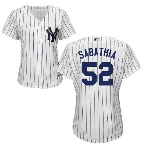 Women's New York Yankees #52 C.C. Sabathia White Strip Home Stitched MLB Jersey