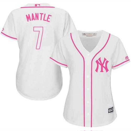 Women's New York Yankees #7 Mickey Mantle White Pink Fashion Stitched MLB Jersey