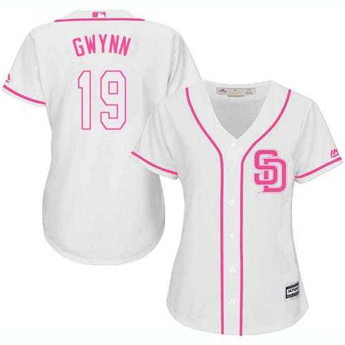 Women's San Diego Padres #19 Tony Gwynn White Pink Fashion Stitched MLB Jersey