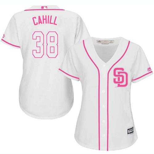 Women's San Diego Padres #38 Trevor Cahill White Pink Fashion Stitched MLB Jersey
