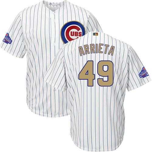 Youth Chicago Cubs #49 Jake Arrieta White(Blue Strip) 2017 Gold Program Cool Base Stitched MLB Jersey