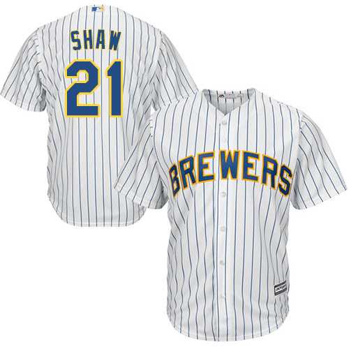 Youth Milwaukee Brewers #21 Travis Shaw White Strip Cool Base Stitched MLB Jersey