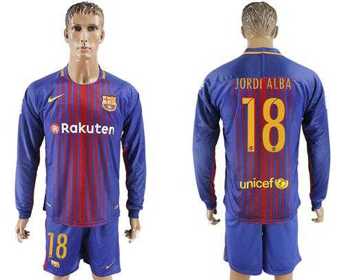 Barcelona #18 Jordi Alba Home Long Sleeves Soccer Club Jersey