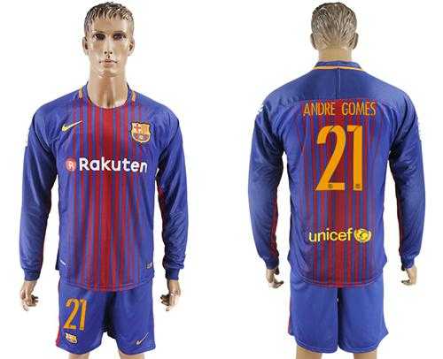 Barcelona #21 Andre Gomes Home Long Sleeves Soccer Club Jersey