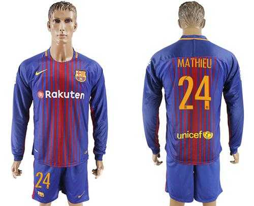 Barcelona #24 Mathieu Home Long Sleeves Soccer Club Jersey