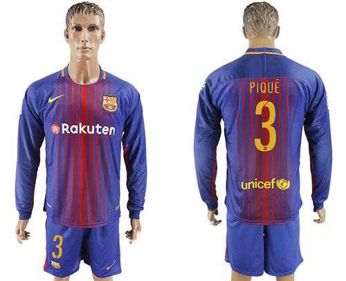 Barcelona #3 Pique Home Long Sleeves Soccer Club Jersey