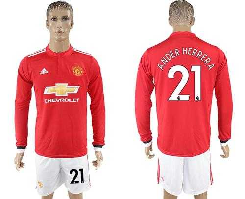 Manchester United #21 Ander Herrera Red Home Long Sleeves Soccer Club Jersey