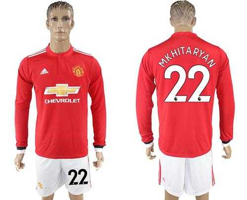 Manchester United #22 Mkhitaryan Red Home Long Sleeves Soccer Club Jersey