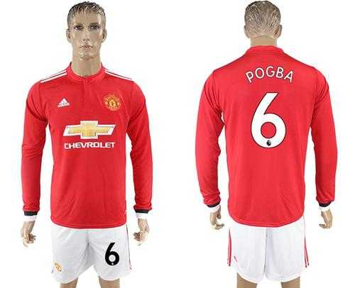 Manchester United #6 Pogba Red Home Long Sleeves Soccer Club Jersey