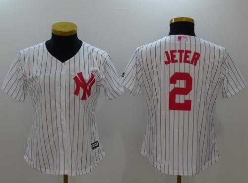New York Yankees #2 Derek Jeter White Strip Mother's Day Cool Base Stitched MLB Jersey