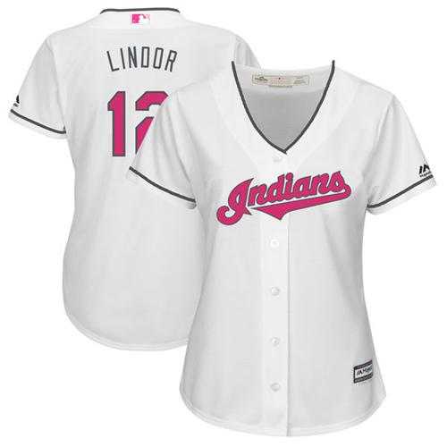 Women's Cleveland Indians #12 Francisco Lindor White Mother's Day Cool Base Stitched MLB Jersey