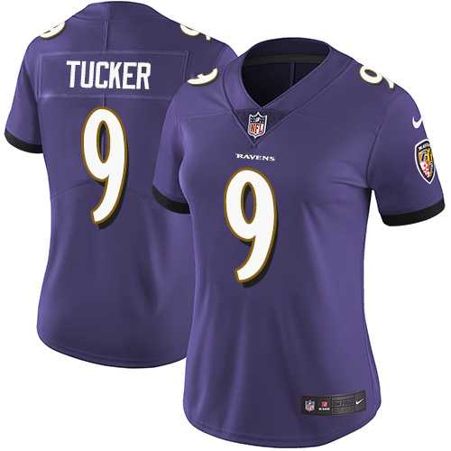 Women's Nike Baltimore Ravens #9 Justin Tucker Purple Team Color Stitched NFL Vapor Untouchable Limited Jersey