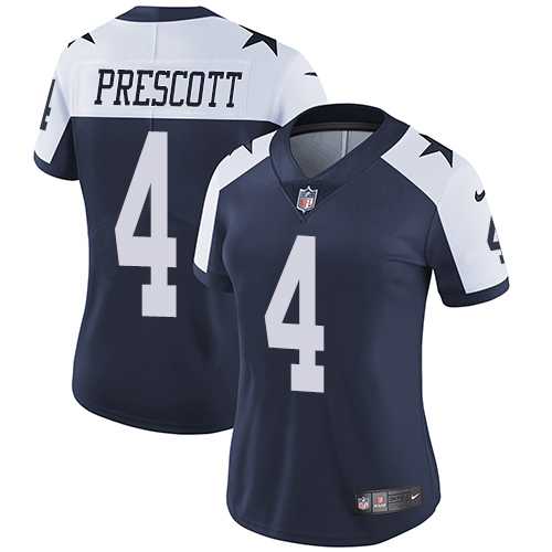 Women's Nike Dallas Cowboys #4 Dak Prescott Navy Blue Thanksgiving Stitched NFL Vapor Untouchable Limited Throwback Jersey