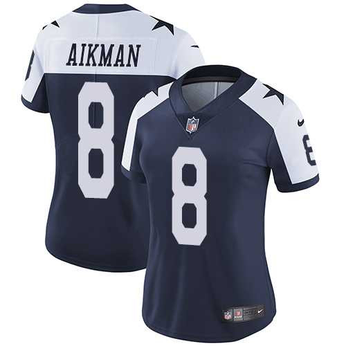 Women's Nike Dallas Cowboys #8 Troy Aikman Navy Blue Thanksgiving Stitched NFL Vapor Untouchable Limited Throwback Jersey