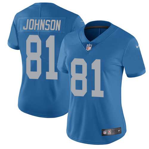 Women's Nike Detroit Lions #81 Calvin Johnson Blue Throwback Stitched NFL Vapor Untouchable Limited Jersey Women's Nike Detroit Lions #81 Calvin Johnson Blue Throwback Stitched NFL Vapor Untouchable Limited Jersey