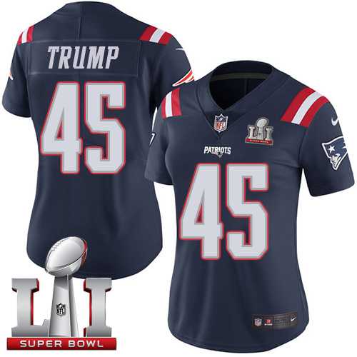 Women's Nike New England Patriots #45 Donald Trump Navy Blue Super Bowl LI 51 Stitched NFL Limited Rush Jersey