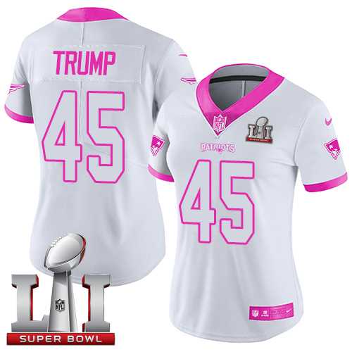 Women's Nike New England Patriots #45 Donald Trump White Pink Super Bowl LI 51 Stitched NFL Limited Rush Fashion Jersey