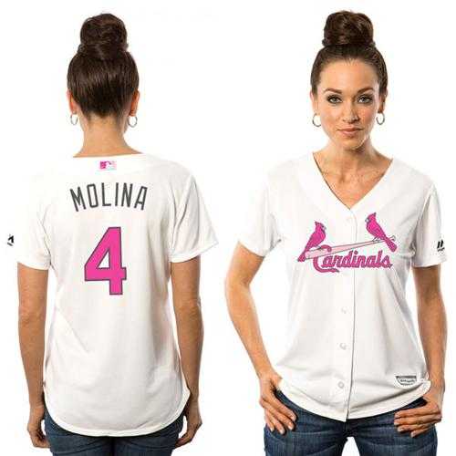 Women's St.Louis Cardinals #4 Yadier Molina White Mother's Day Cool Base Stitched MLB Jersey
