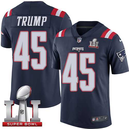 Youth Nike New England Patriots #45 Donald Trump Navy Blue Super Bowl LI 51 Stitched NFL Limited Rush Jersey