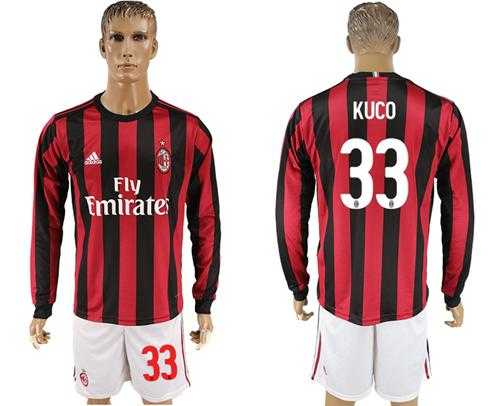 AC Milan #33 Kuco Home Long Sleeves Soccer Club Jersey
