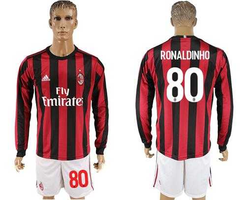 AC Milan #80 Ronaldinho Home Long Sleeves Soccer Club Jersey