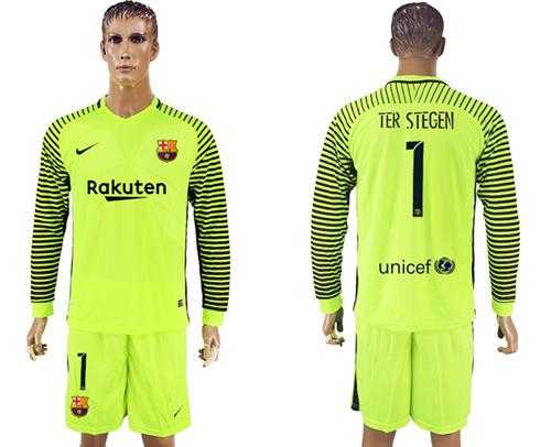 Barcelona #1 Ter Stegen Shiny Green Goalkeeper Long Sleeves Soccer Club Jersey