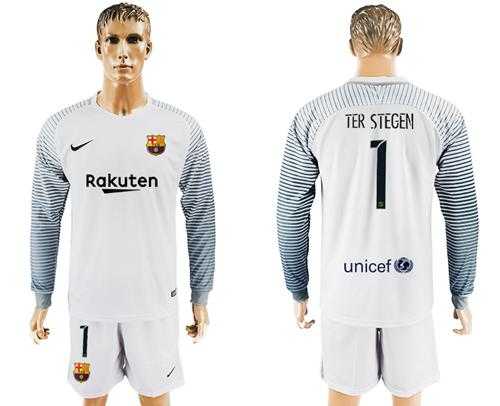 Barcelona #1 Ter Stegen White Goalkeeper Long Sleeves Soccer Club Jersey