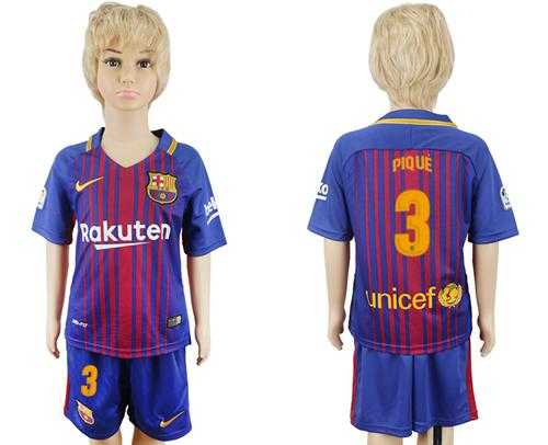 Barcelona #3 Pique Home Kid Soccer Club Jersey