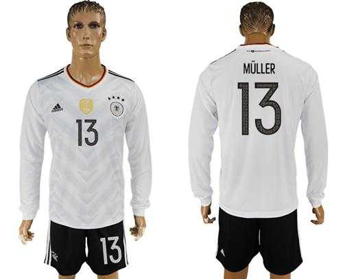 Germany #13 Muller White Home Long Sleeves Soccer Country Jersey