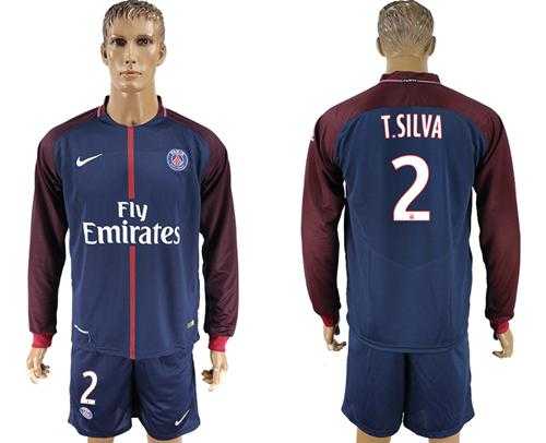 Paris Saint-Germain #2 T Silva Home Long Sleeves Soccer Club Jersey