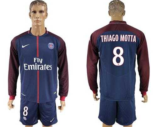 Paris Saint-Germain #8 Thiago Motta Home Long Sleeves Soccer Club Jersey