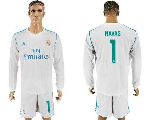 Real Madrid #1 Navas White Home Long Sleeves Soccer Club Jersey