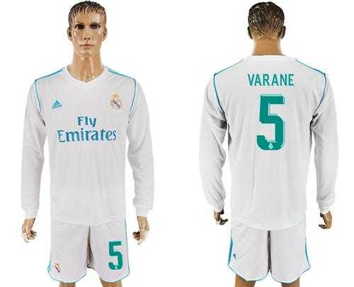 Real Madrid #5 Varane White Home Long Sleeves Soccer Club Jersey