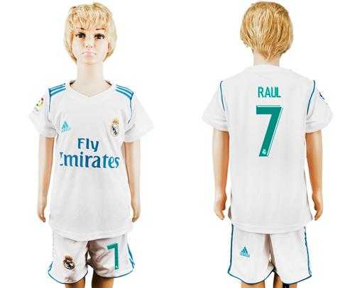Real Madrid #7 Raul White Home Kid Soccer Club Jersey