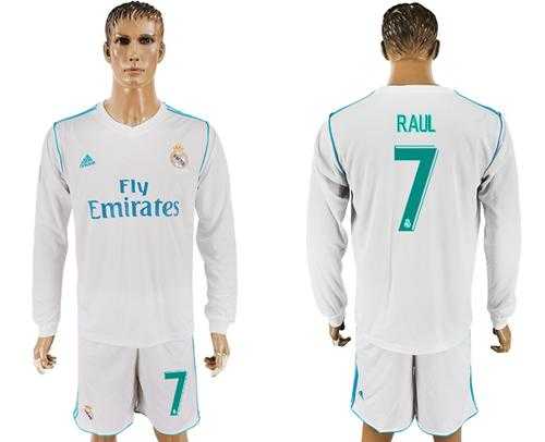 Real Madrid #7 Raul White Home Long Sleeves Soccer Club Jersey
