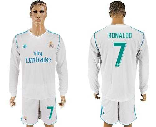 Real Madrid #7 Ronaldo White Home Long Sleeves Soccer Club Jersey