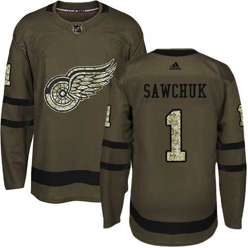 Adidas Detroit Red Wings #1 Terry Sawchuk Green Salute to Service Stitched NHL