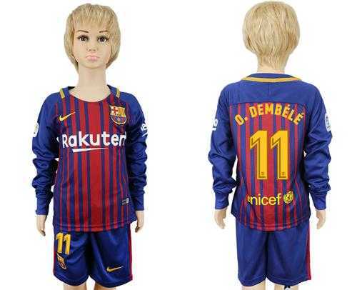 Barcelona #11 O.Dembele Home Long Sleeves Kid Soccer Club Jersey