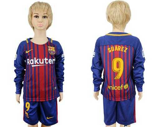 Barcelona #9 Suarez Home Long Sleeves Kid Soccer Club Jersey