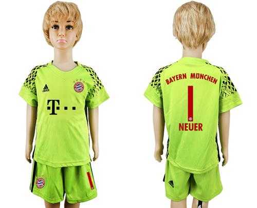 Bayern Munchen #1 Neuer Shiny Green Goalkeeper Kid Soccer Club Jersey