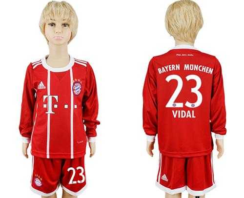 Bayern Munchen #23 Vidal Home Long Sleeves Kid Soccer Club Jersey