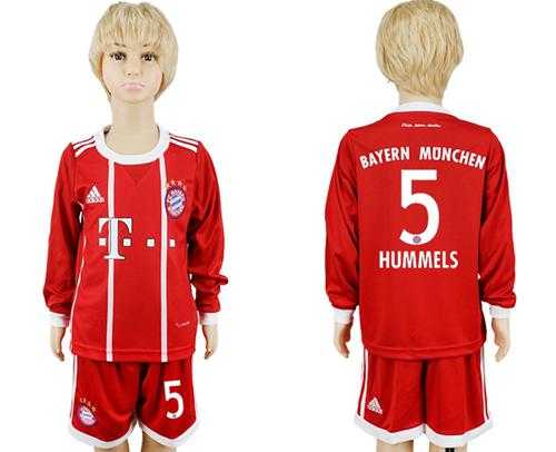 Bayern Munchen #5 Hummels Home Long Sleeves Kid Soccer Club Jersey